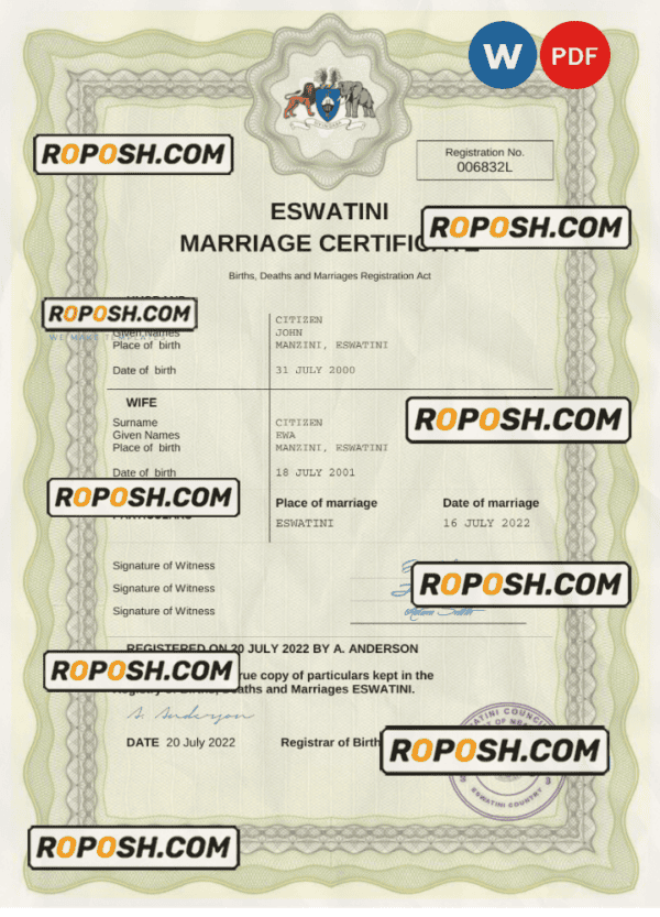 Eswatini marriage certificate Word and PDF template, completely editable