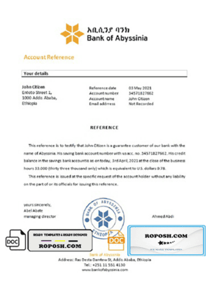 Ethiopia Bank of Abyssinia bank reference letter, Word and PDF format (.doc and .pdf)