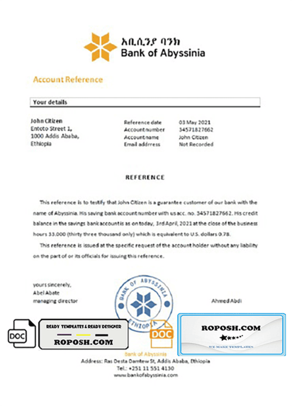 Ethiopia Bank of Abyssinia bank reference letter, Word and PDF format (.doc and .pdf)