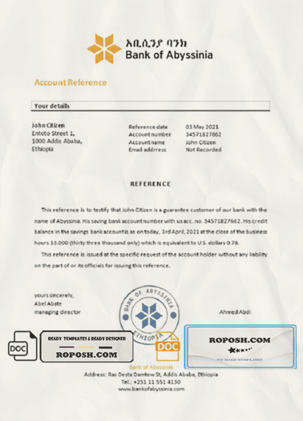 Ethiopia Bank of Abyssinia bank reference letter, Word and PDF format (.doc and .pdf)