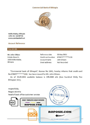 Ethiopia Commercial Bank bank reference letter, Word and PDF format (.doc and .pdf)