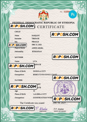 Ethiopia birth certificate PSD template, completely editable