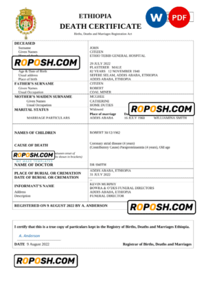 Ethiopia vital record death certificate Word and PDF template