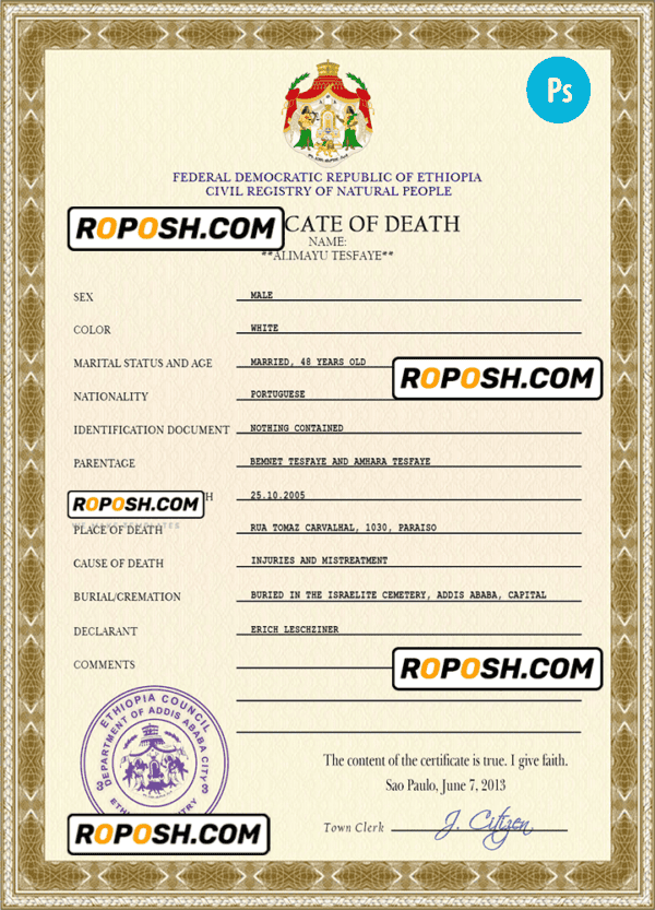 Ethiopia vital record death certificate PSD template