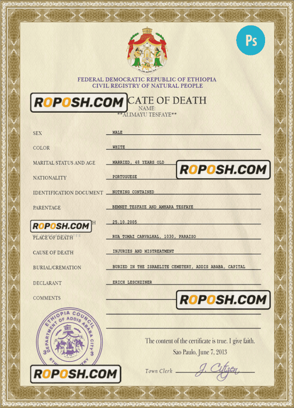 Ethiopia vital record death certificate PSD template