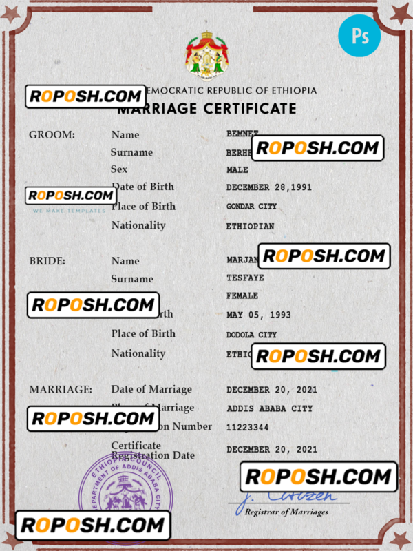 Ethiopia marriage certificate PSD template, fully editable