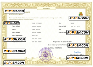 Ethiopia marriage certificate Word and PDF template, fully editable
