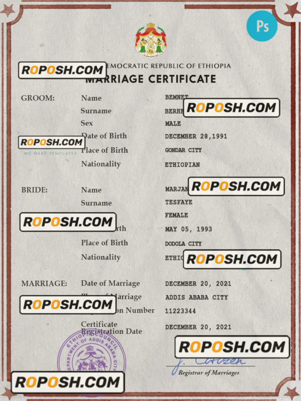 Ethiopia marriage certificate PSD template, fully editable scan effect