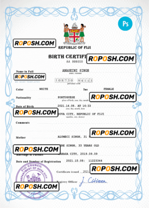Fiji vital record birth certificate PSD template, fully editable