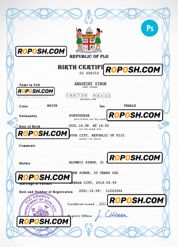 Fiji vital record birth certificate PSD template, fully editable