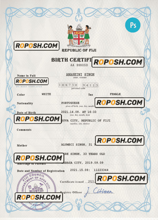 Fiji vital record birth certificate PSD template, fully editable