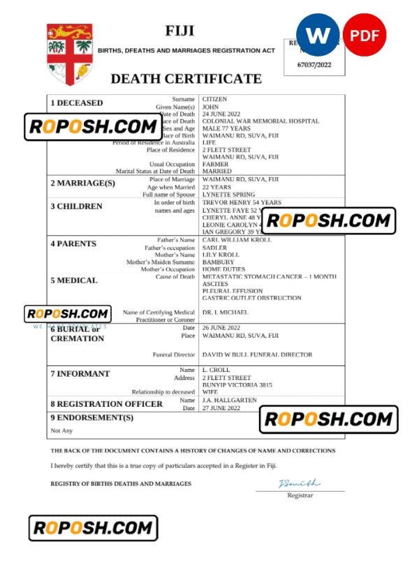 Fiji vital record death certificate Word and PDF template
