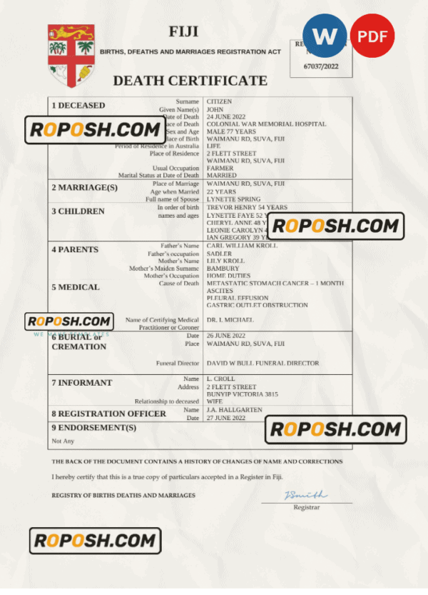 Fiji vital record death certificate Word and PDF template
