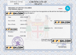 Fiji death certificate PSD template, completely editable