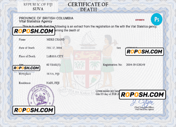 Fiji death certificate PSD template, completely editable
