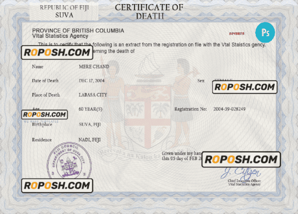 Fiji death certificate PSD template, completely editable