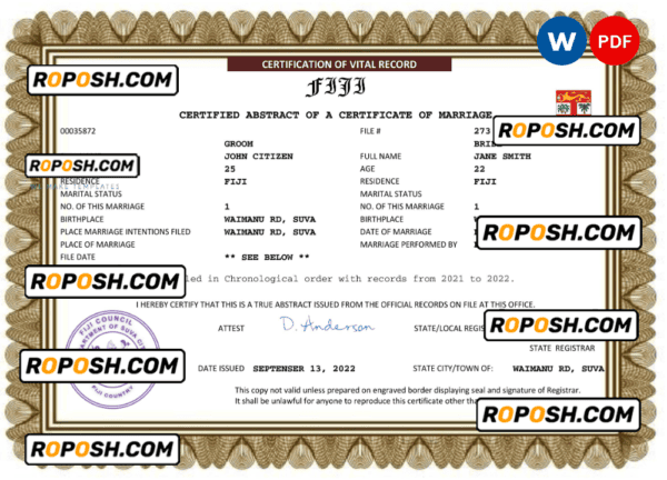 Fiji marriage certificate Word and PDF template, completely editable