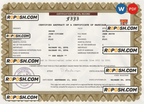 Fiji marriage certificate Word and PDF template, completely editable
