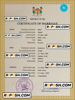 Fiji marriage certificate PSD template, completely editable