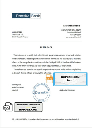 Finland Danske bank reference letter template in Word and PDF format