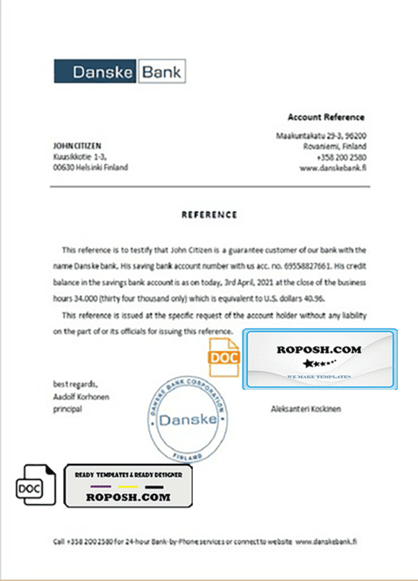Finland Danske bank reference letter template in Word and PDF format