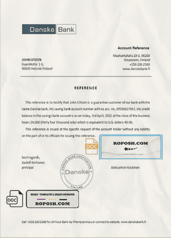 Finland Danske bank reference letter template in Word and PDF format
