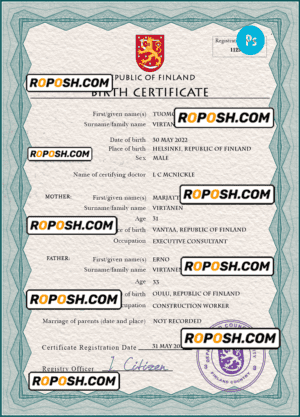 Finland vital record birth certificate PSD template