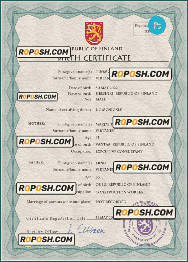 Finland vital record birth certificate PSD template
