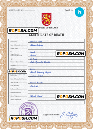 Finland death certificate PSD template, completely editable