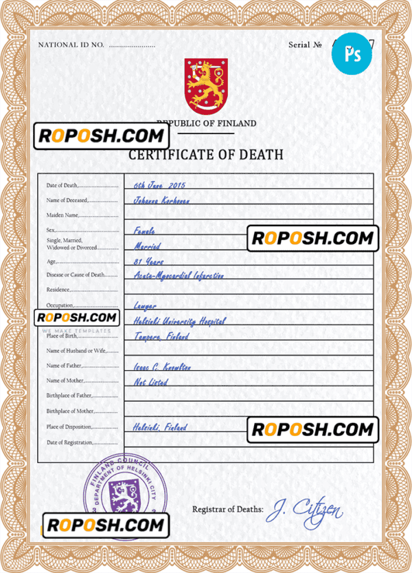 Finland death certificate PSD template, completely editable