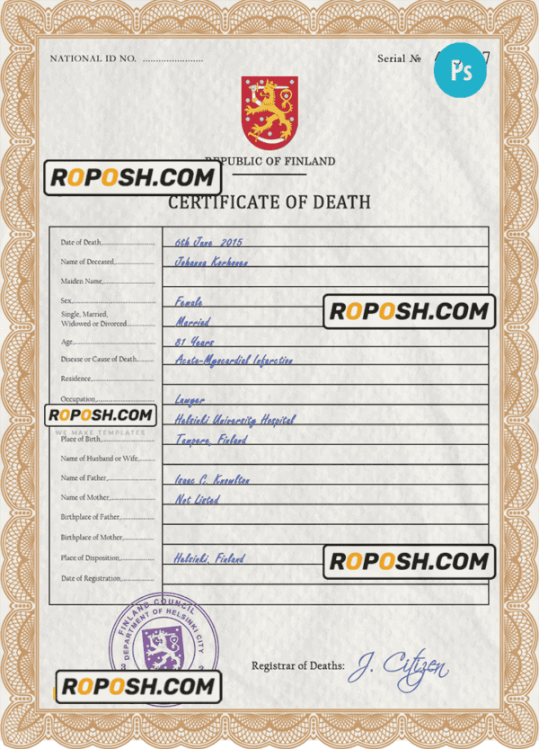 Finland death certificate PSD template, completely editable