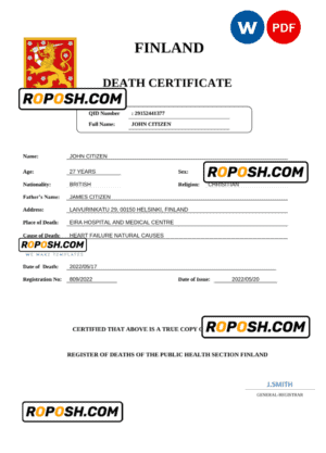 Finland death certificate Word and PDF template, completely editable