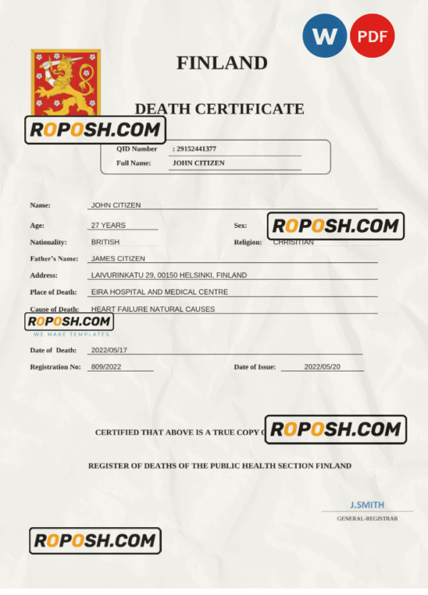 Finland death certificate Word and PDF template, completely editable