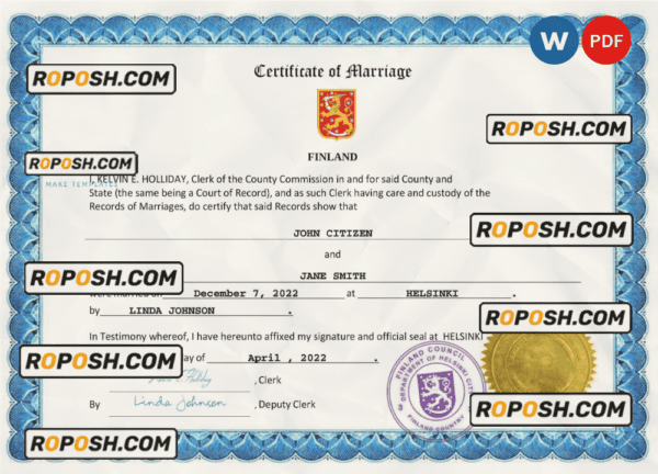Finland marriage certificate Word and PDF template, fully editable