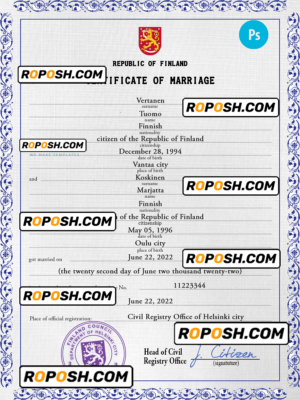 Finland marriage certificate PSD template, fully editable