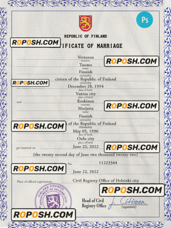 Finland marriage certificate PSD template, fully editable scan effect