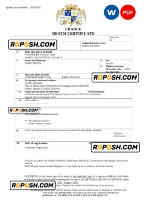 France vital record death certificate Word and PDF template