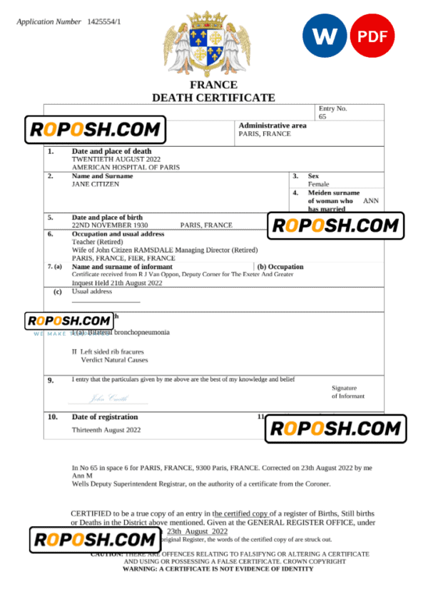 France vital record death certificate Word and PDF template