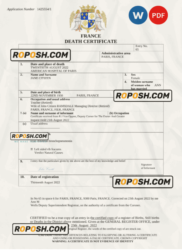 France vital record death certificate Word and PDF template