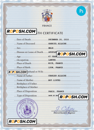 France vital record death certificate PSD template, completely editable