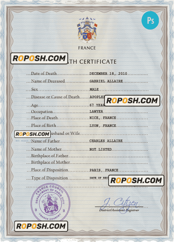 France vital record death certificate PSD template, completely editable