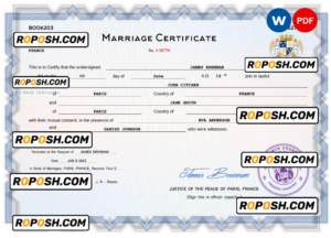 France marriage certificate Word and PDF template, completely editable