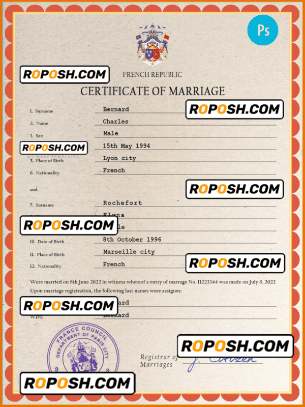 France marriage certificate PSD template, completely editable