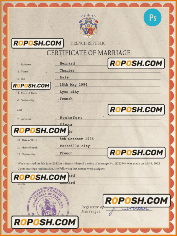 France marriage certificate PSD template, completely editable