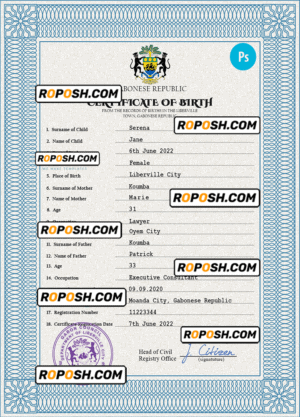 Gabon birth certificate PSD template, completely editable