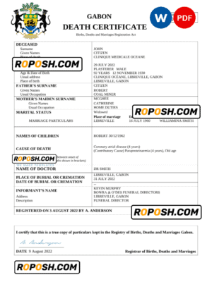 Gabon death certificate Word and PDF template, completely editable