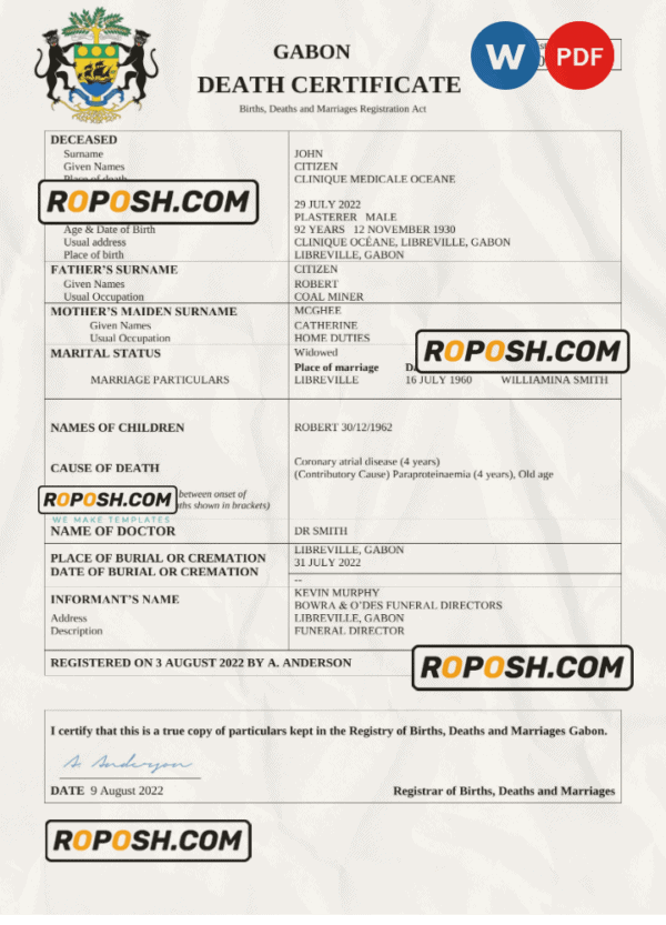 Gabon death certificate Word and PDF template, completely editable