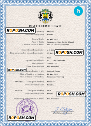 Gabon vital record death certificate PSD template