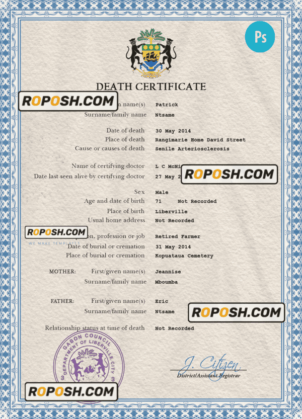Gabon vital record death certificate PSD template