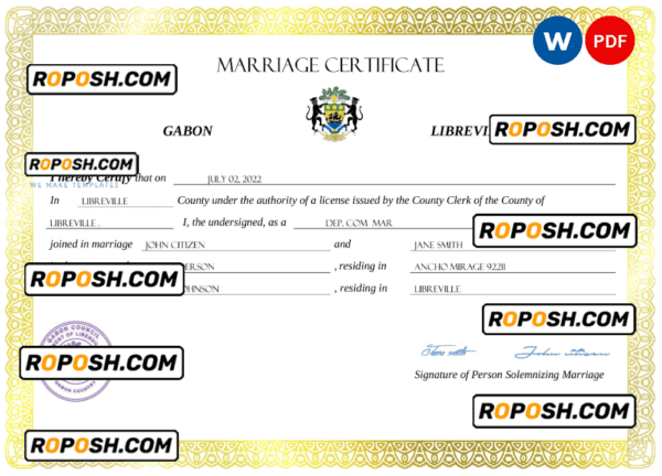 Gabon marriage certificate Word and PDF template, fully editable